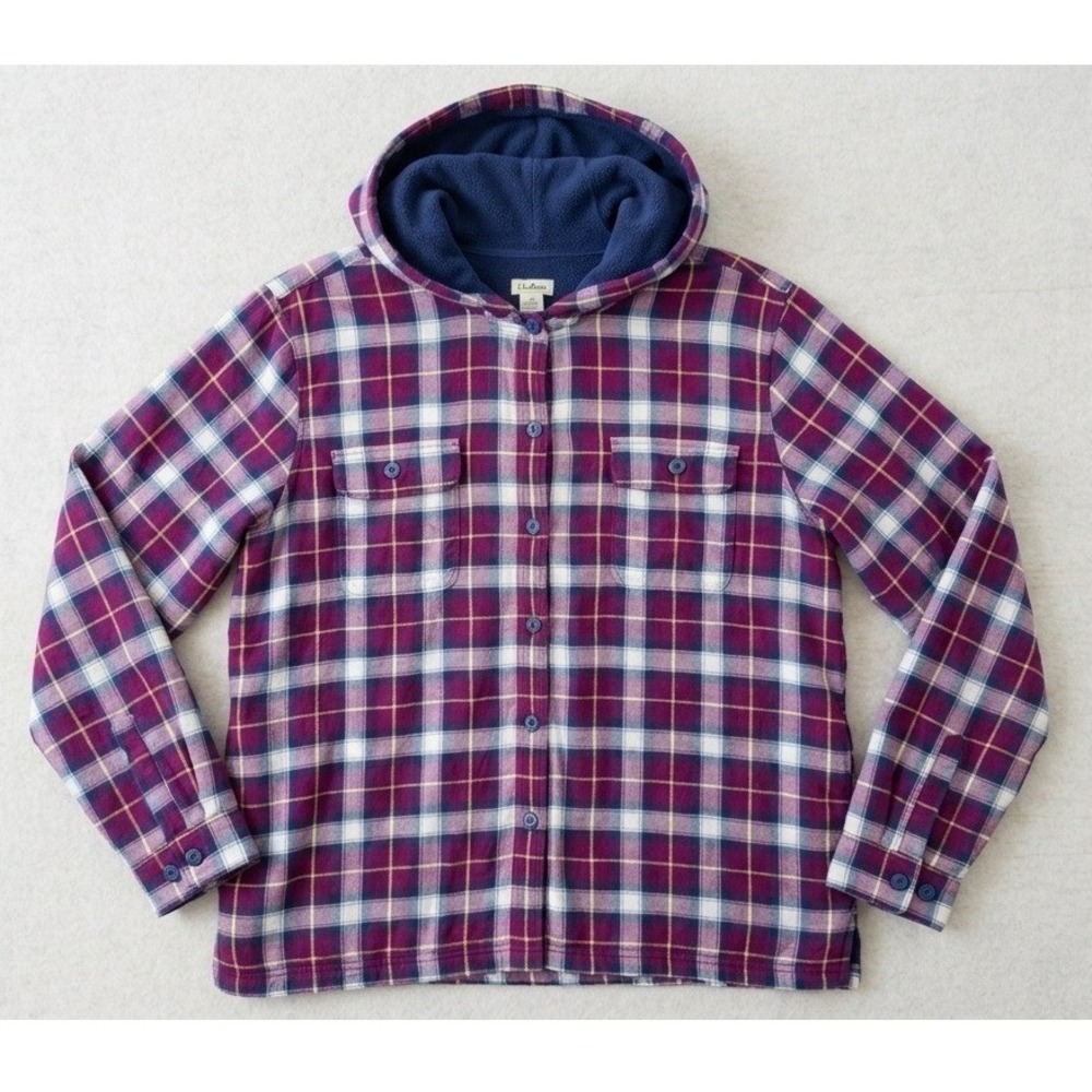 L.L.Bean Flannel Shirt Jacket Womens XL Berry Plaid Fleece Lined Hooded Shacket